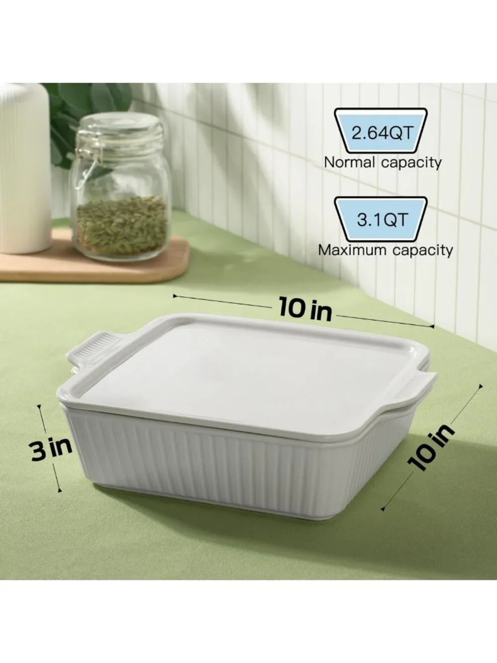 10” Square Casserole Dish with Lid - 2.6 Qt Porcelain Bakeware for Lasagna